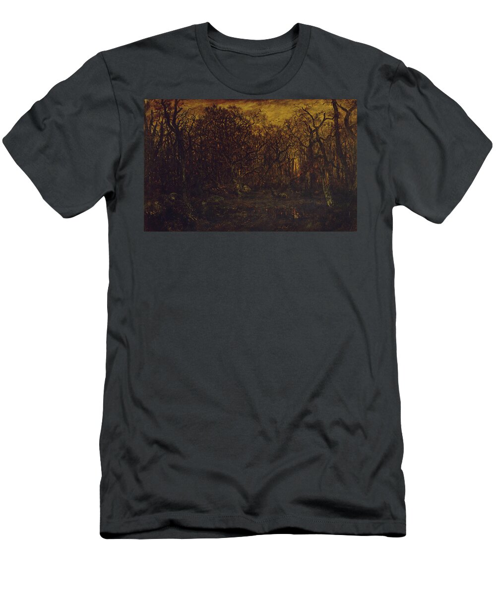 The Forest In Winter At Sunset T-Shirt featuring the painting The Forest in Winter at Sunset by Theodore Rousseau