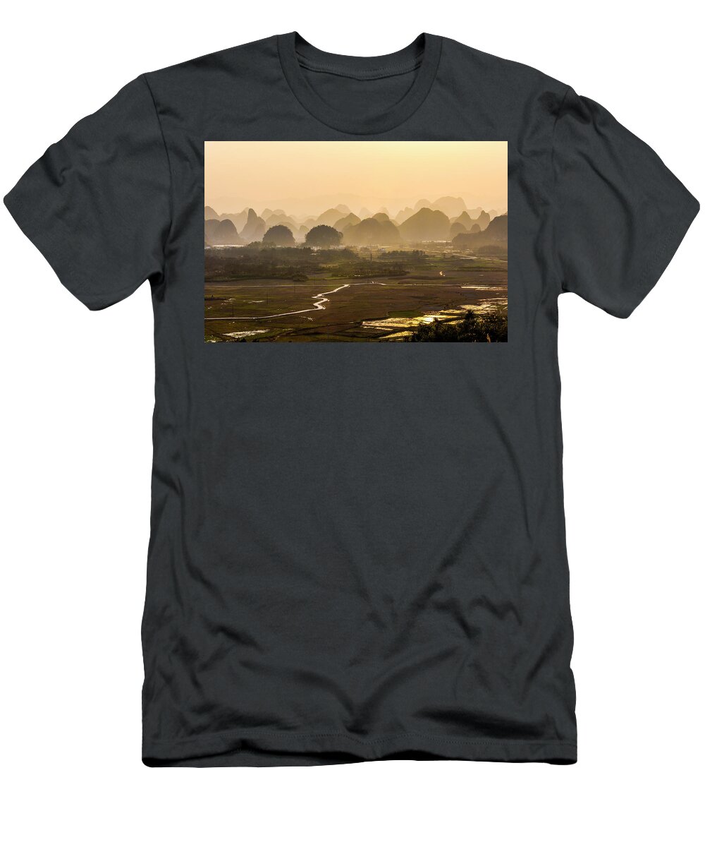 Karst T-Shirt featuring the photograph Karst mountains scenery in sunset #4 by Carl Ning