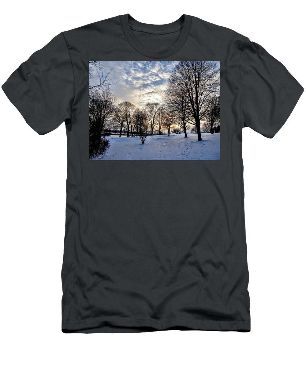 Sunset T-Shirt featuring the photograph Sunset over Obear Park in Snow #5 by Scott Hufford
