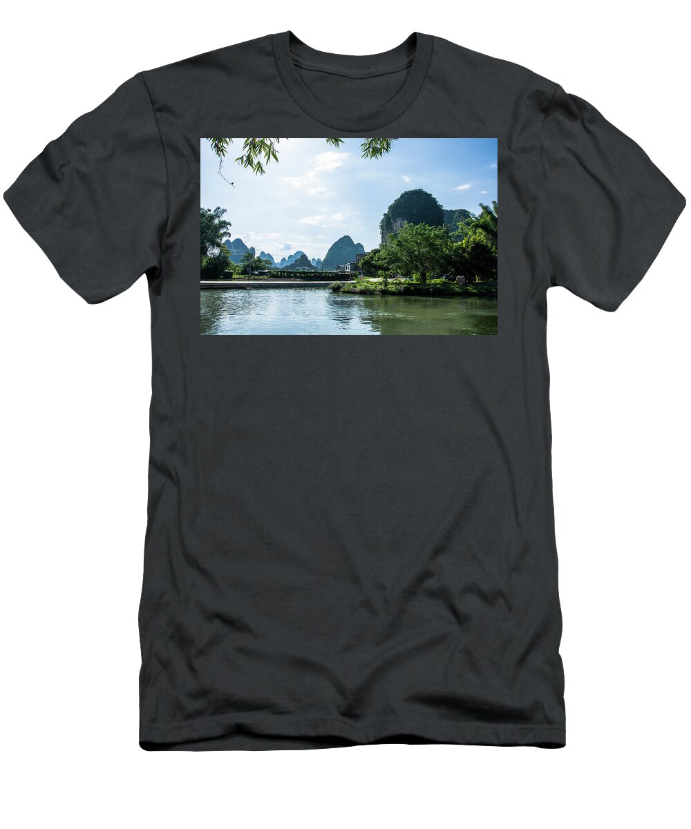 River T-Shirt featuring the photograph Lijiang River and karst mountains scenery #56 by Carl Ning