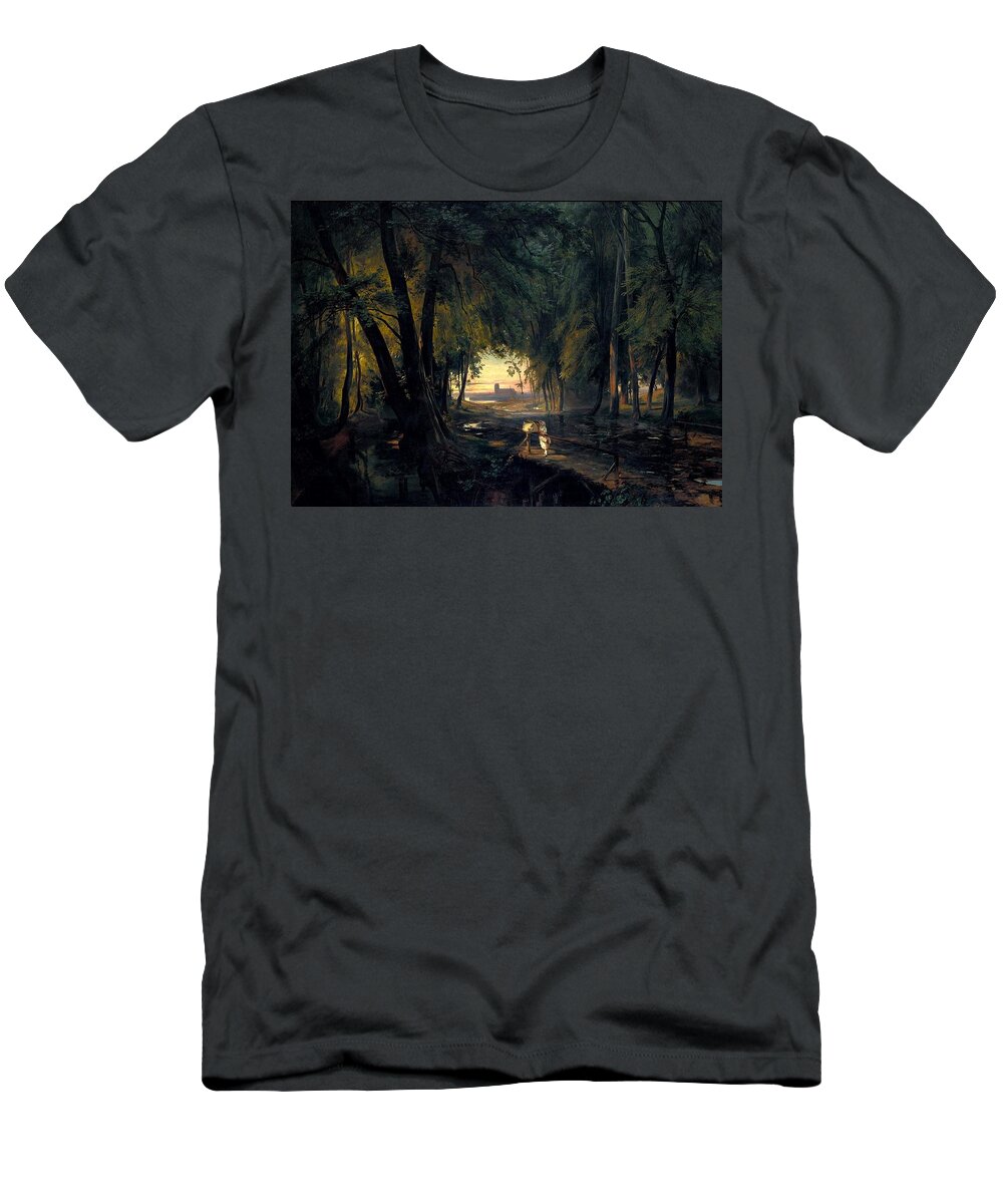 Forest Path Near Spandau By Carl Blechen T-Shirt featuring the painting Forest path near Spandau #8 by MotionAge Designs