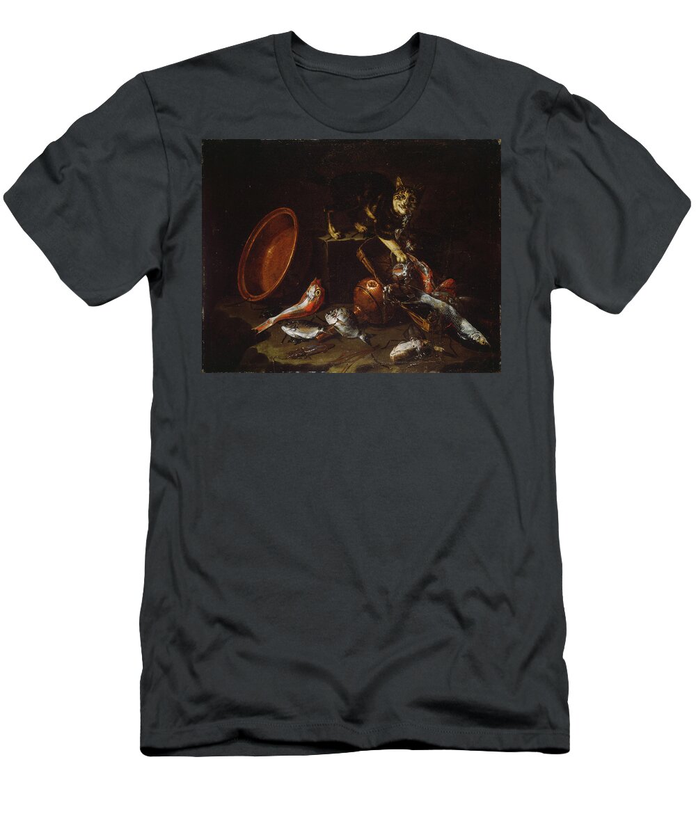 A Cat Stealing Fish T-Shirt featuring the painting A Cat Stealing Fish by MotionAge Designs