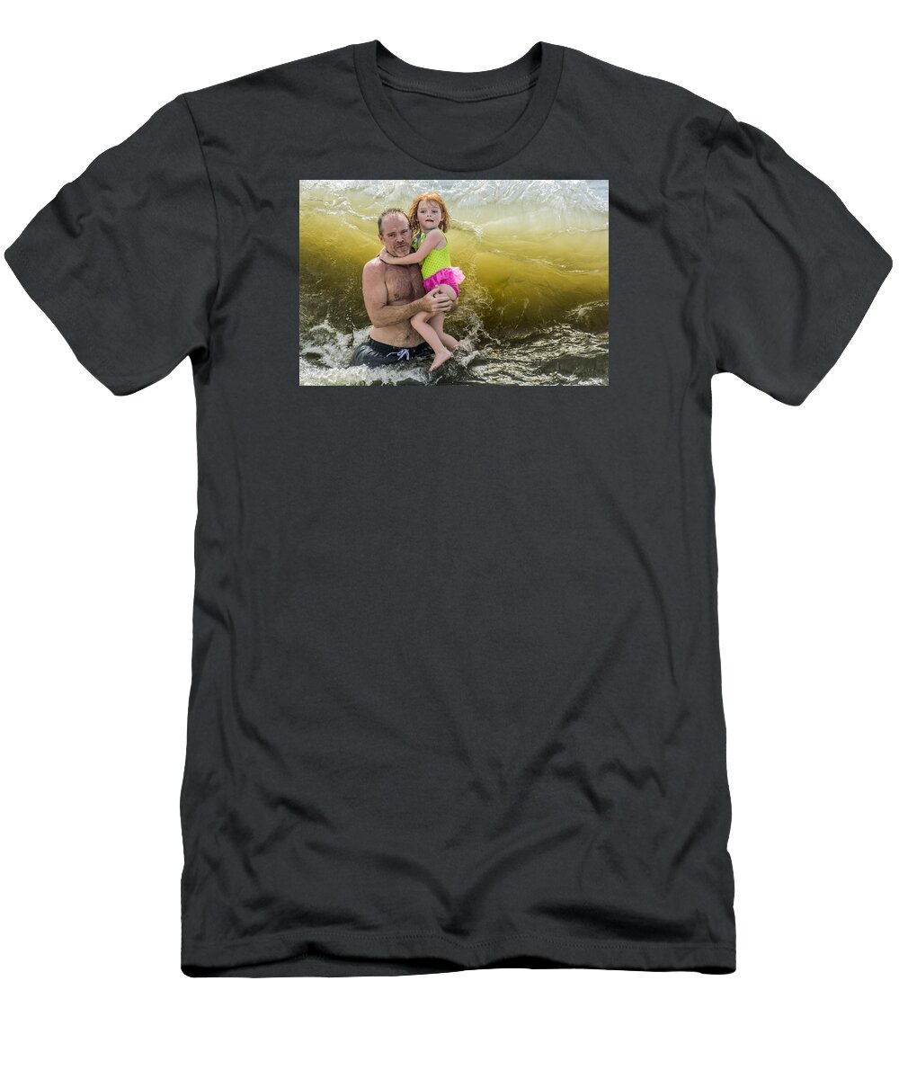Beach T-Shirt featuring the photograph A Father, A Daughter, and A Big Wave by WAZgriffin Digital