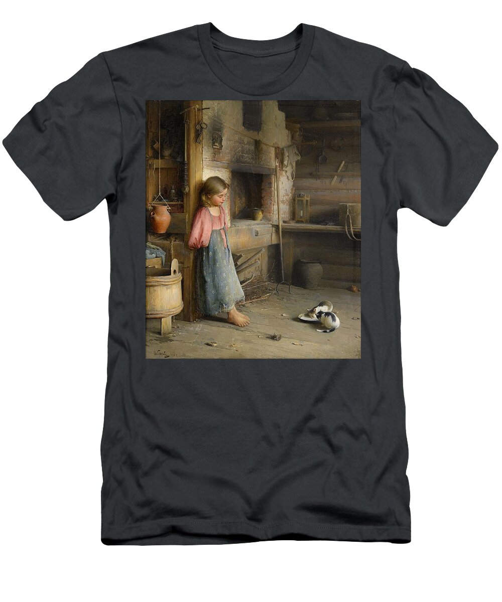 Ivan Lavrentievich Gorokhov Russia 1863-1934 A Girl With Kittens T-Shirt featuring the painting A girl with kittens by MotionAge Designs