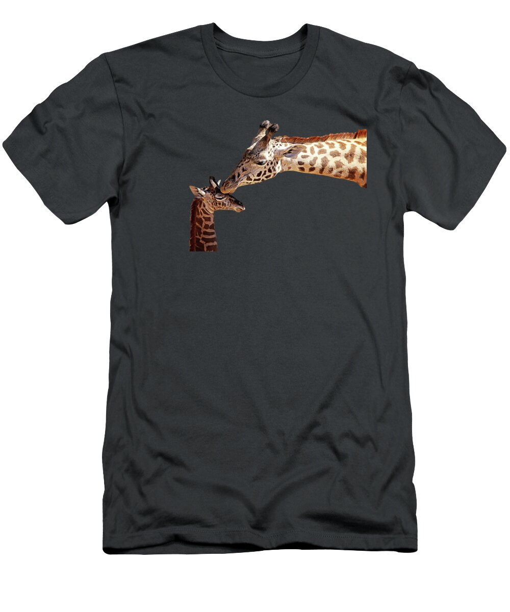 Giraffe T-Shirt featuring the photograph A Mother's Kiss Painted by Judy Vincent