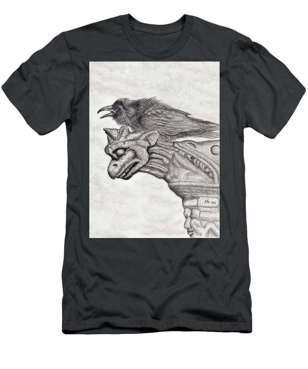 Raven T-Shirt featuring the drawing A Ravens Perch by Philip Harvey