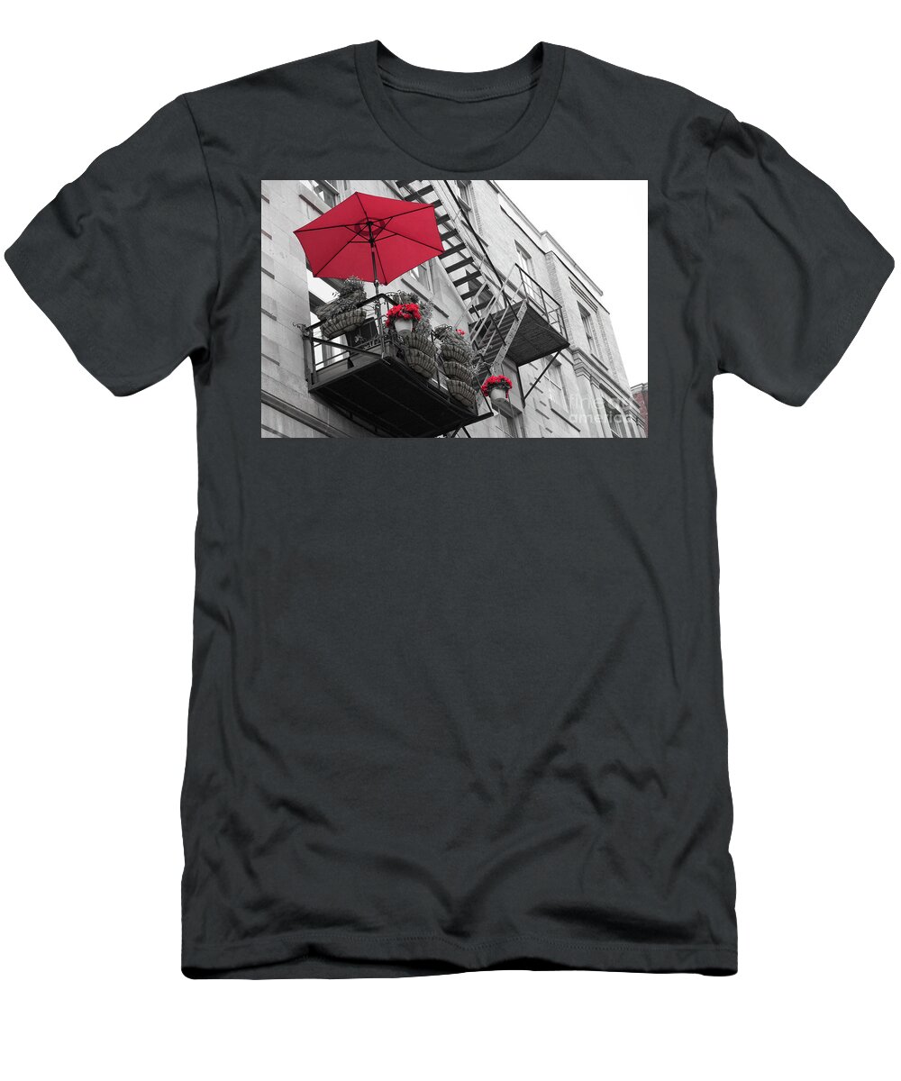 Canada T-Shirt featuring the photograph A red umbrella on a balcony by Agnes Caruso