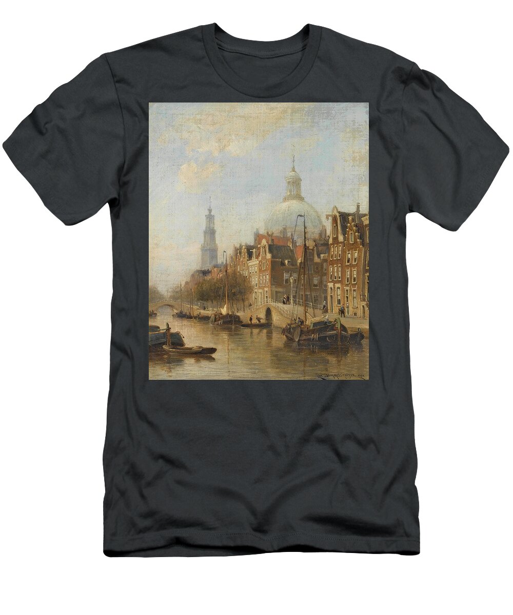 Cornelis Christaan Dommelshuize T-Shirt featuring the painting A View Of An Amsterdam Canal, by Cornelis Christaan Dommelshuize