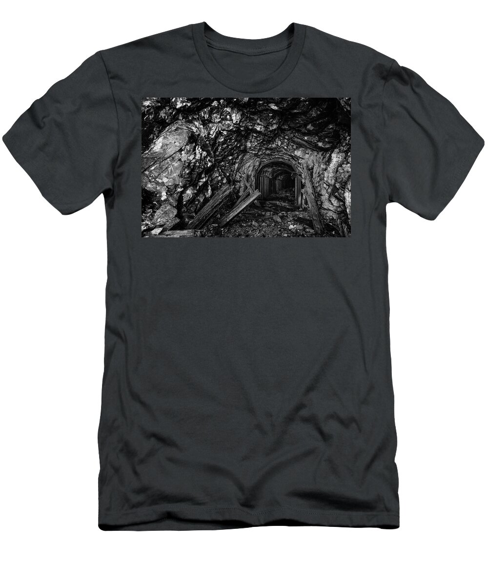 Tunnel T-Shirt featuring the photograph Abandoned Railroad Tunnel Black and White 2 by Pelo Blanco Photo