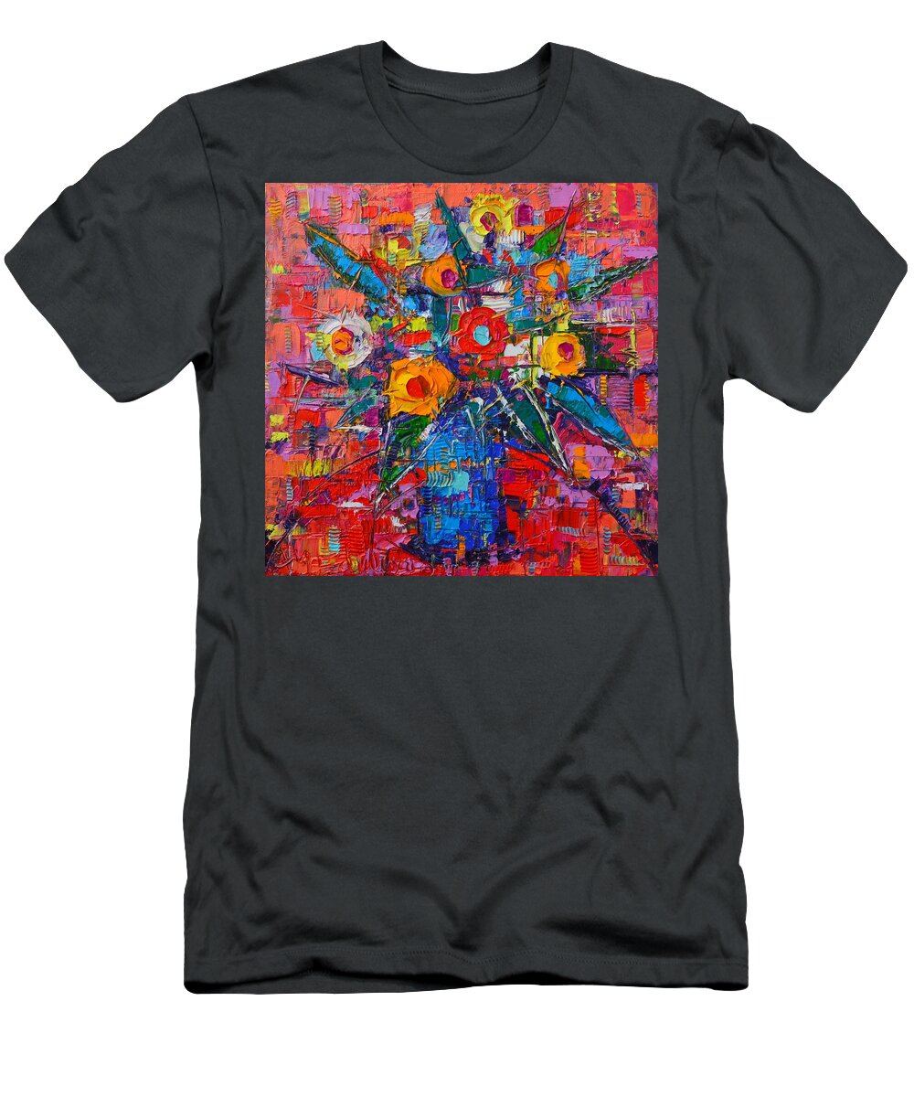 Abstract T-Shirt featuring the painting Abstract Bouquet Of Happiness Modern Impressionist Palette Knife Oil Painting By Ana Maria Edulescu by Ana Maria Edulescu