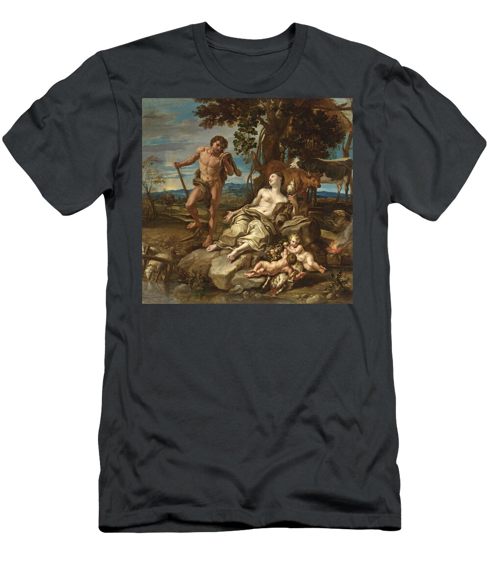 Lorenzo De Ferrari T-Shirt featuring the painting Adam and Eve with the Infants Cain and Abel by Lorenzo De Ferrari