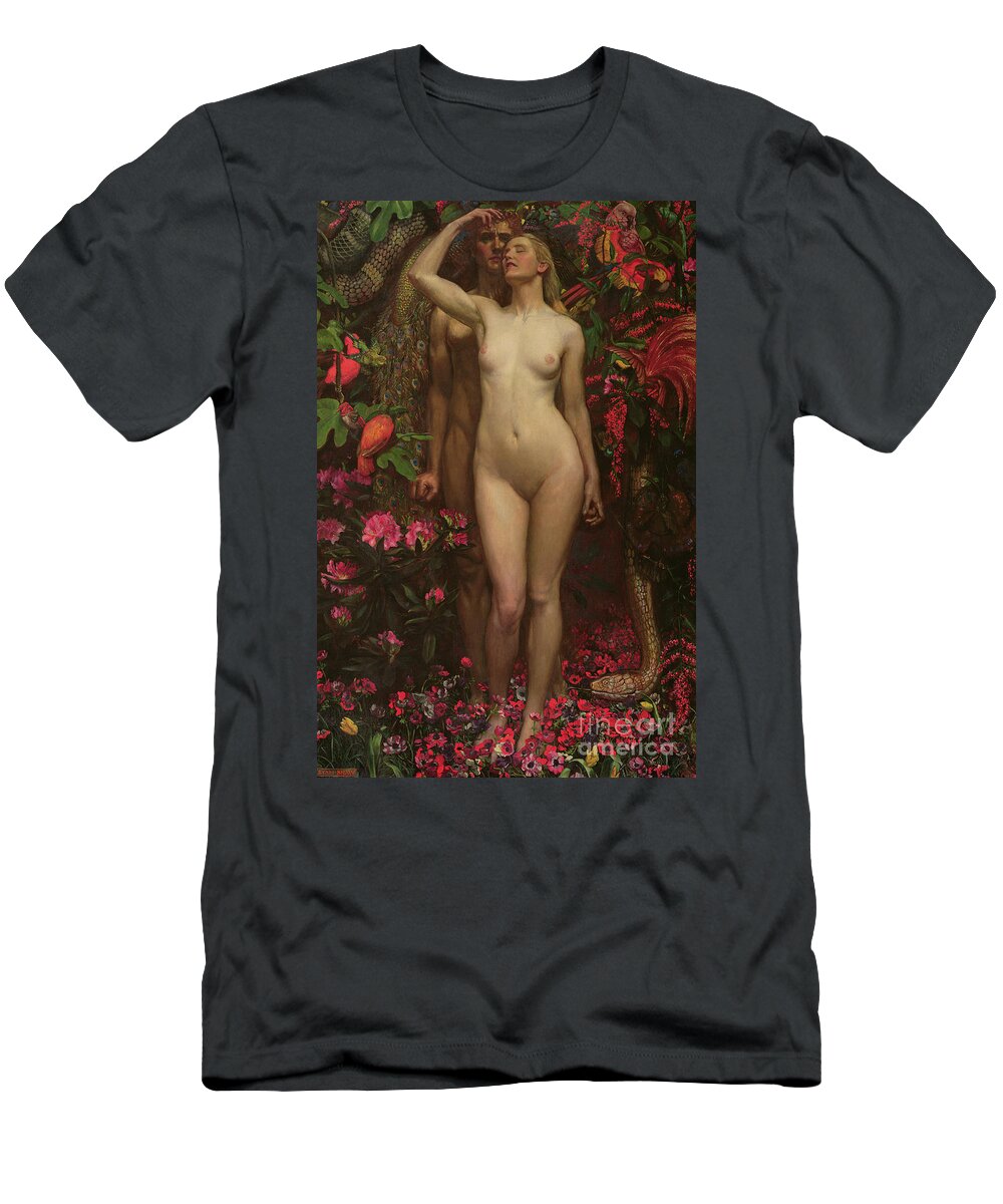 Nude T-Shirt featuring the painting Adam and Eve with the snake by John Byam Liston Shaw