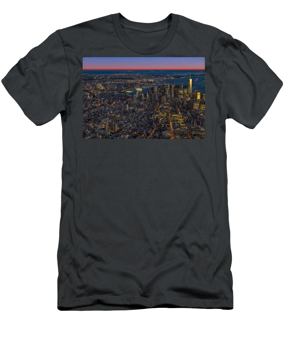 Aerial View T-Shirt featuring the photograph Aerial New York City Sunset by Susan Candelario