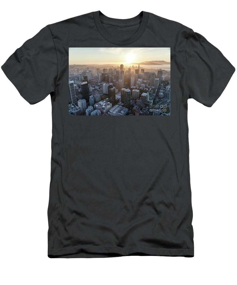 San Francisco T-Shirt featuring the photograph Aerial of downtown district at sunset, San Francisco, California by Matteo Colombo