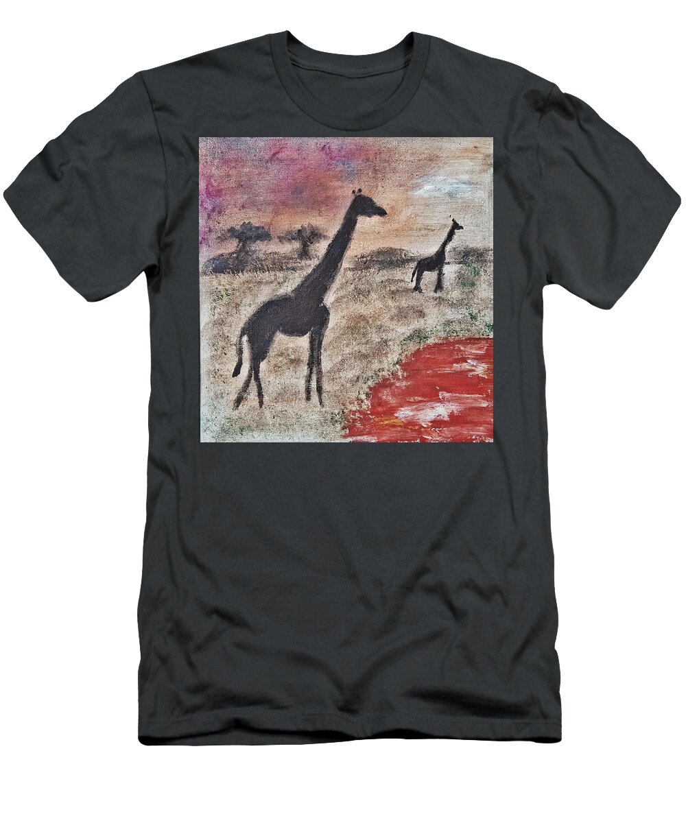 African Landscape T-Shirt featuring the painting African Landscape giraffe and banya tree at watering hole with mountain and sunset grasses shrubs sa by MendyZ