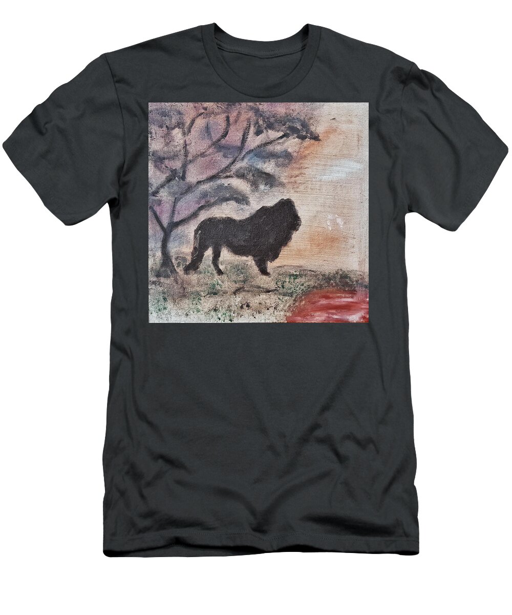 African Landscape T-Shirt featuring the painting African Landscape lion and banya tree at watering hole with mountain and sunset grasses shrubs safar by MendyZ