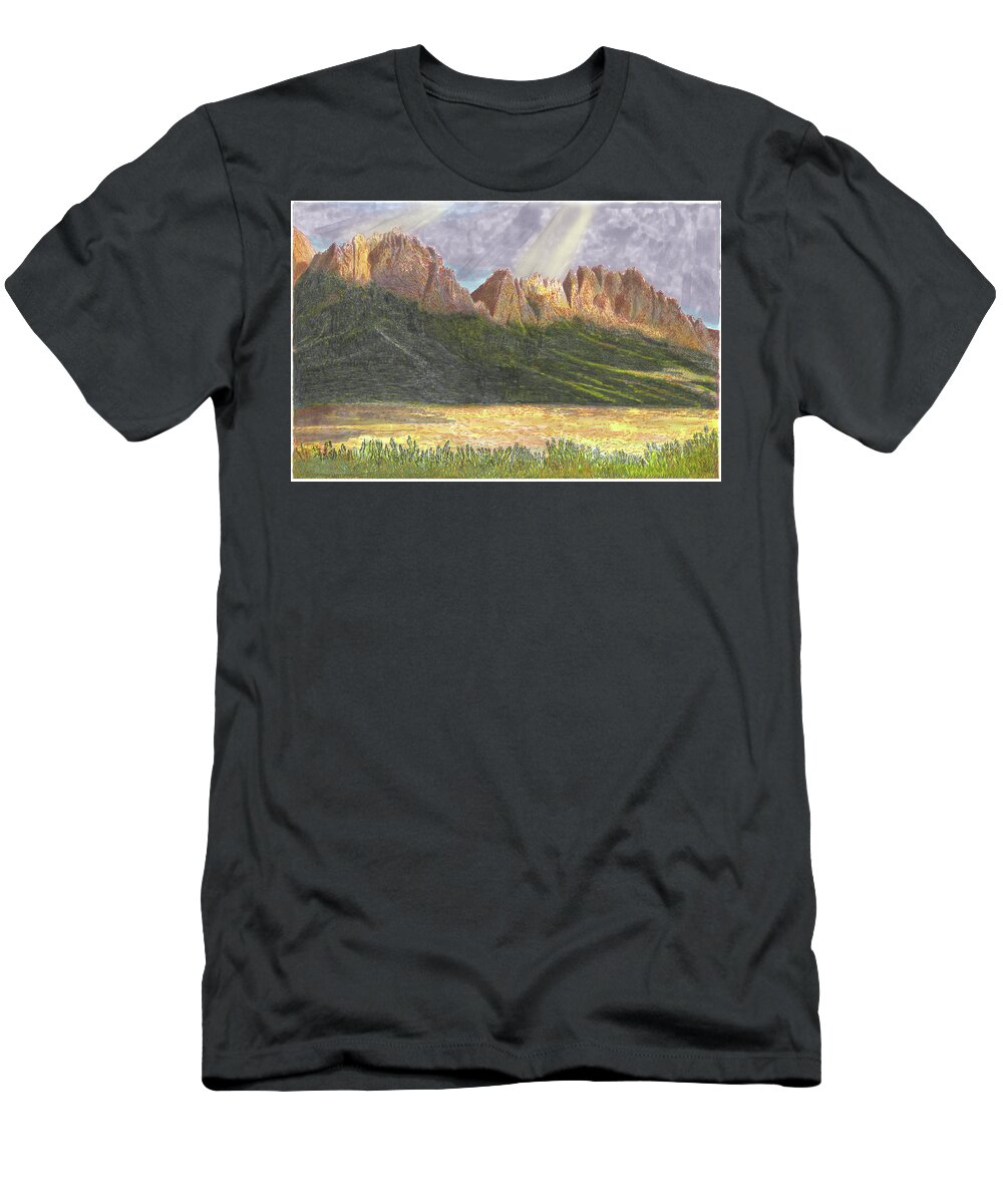 Jacks Watercolor Painting Of The Organ Mountains After A Heavy Rain T-Shirt featuring the painting After the Monsoon Organ Mountains by Jack Pumphrey