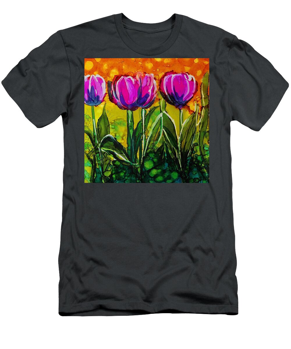 Alcohol Ink T-Shirt featuring the painting Spring Tulips - A 215 by Catherine Van Der Woerd