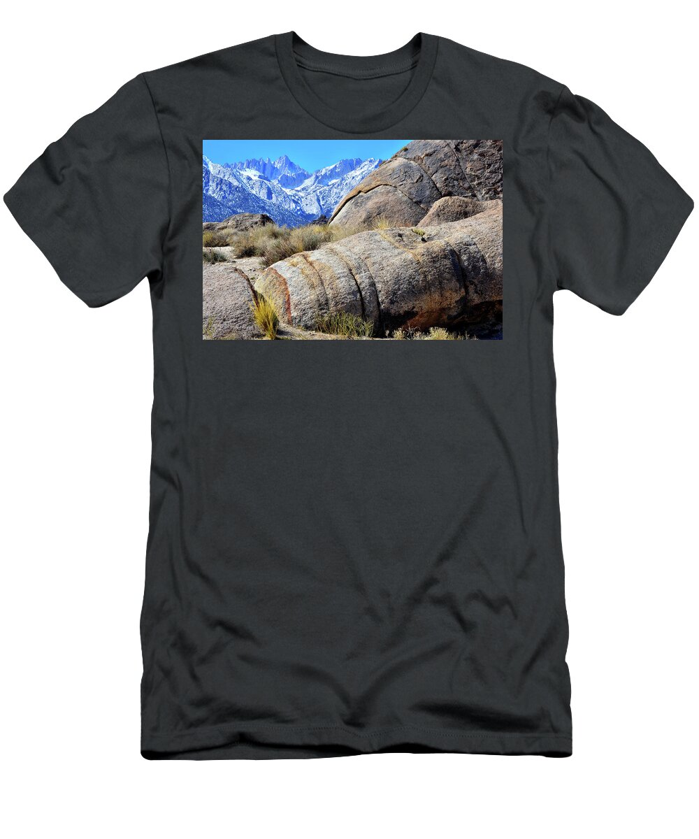 Alabama Hills T-Shirt featuring the photograph Alabama Hills Boulders and Mt. Whitney by Ray Mathis