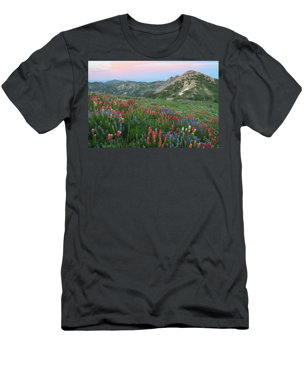 Landscape T-Shirt featuring the photograph Alpine Wildflowers and View at Sunset by Brett Pelletier