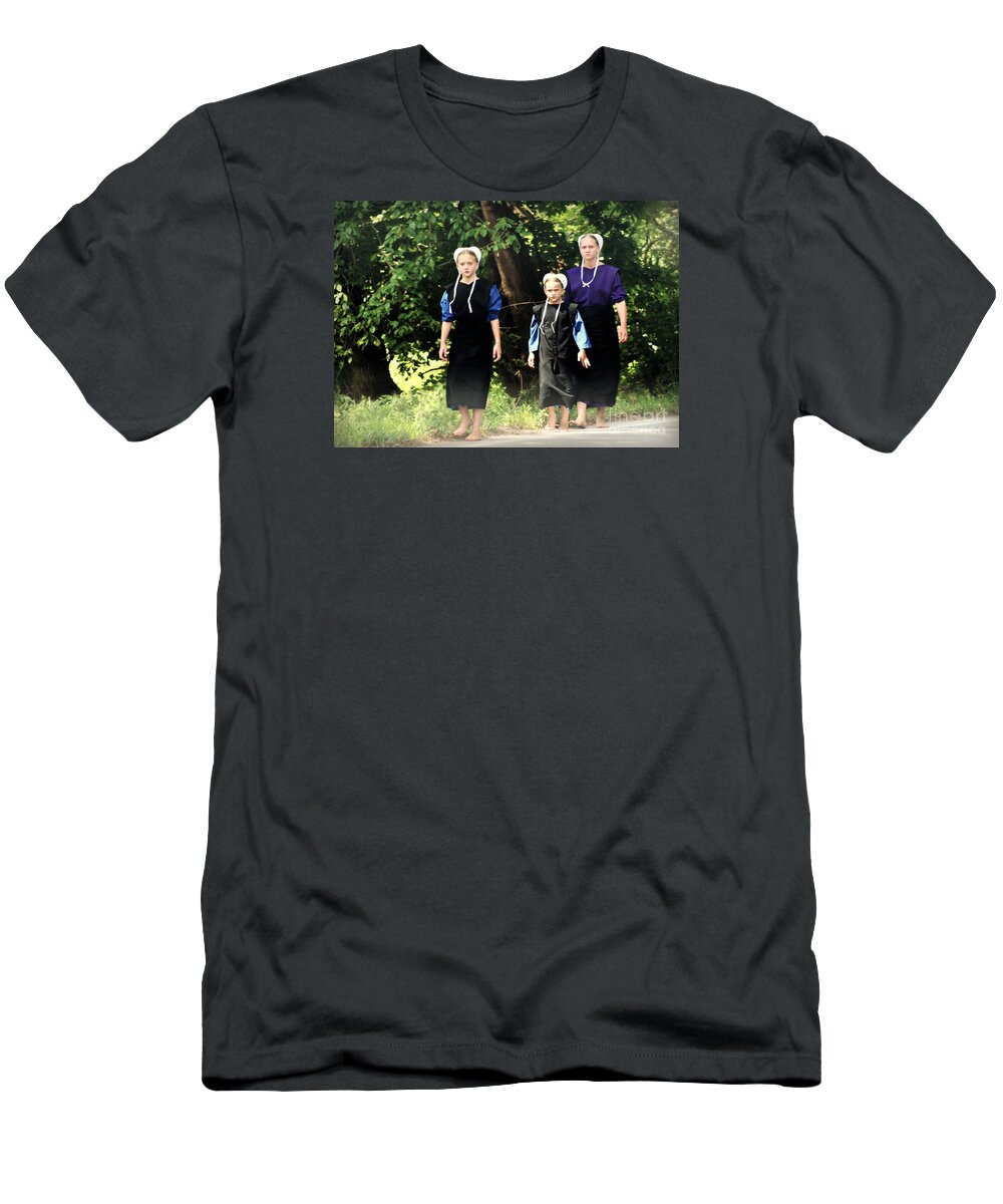 Amish T-Shirt featuring the photograph Amish Sisters Barefoot Stroll by Beth Ferris Sale