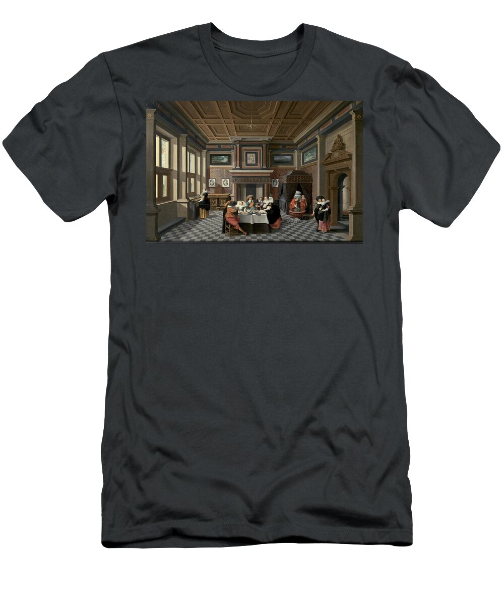 Dirck Van Delen T-Shirt featuring the painting An Interior with Ladies and Gentlemen Dining by Dirck van Delen
