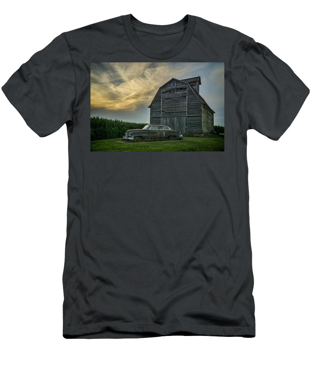 Cadillac T-Shirt featuring the photograph An Old Cadillac by a barn and cornfield by Sven Brogren