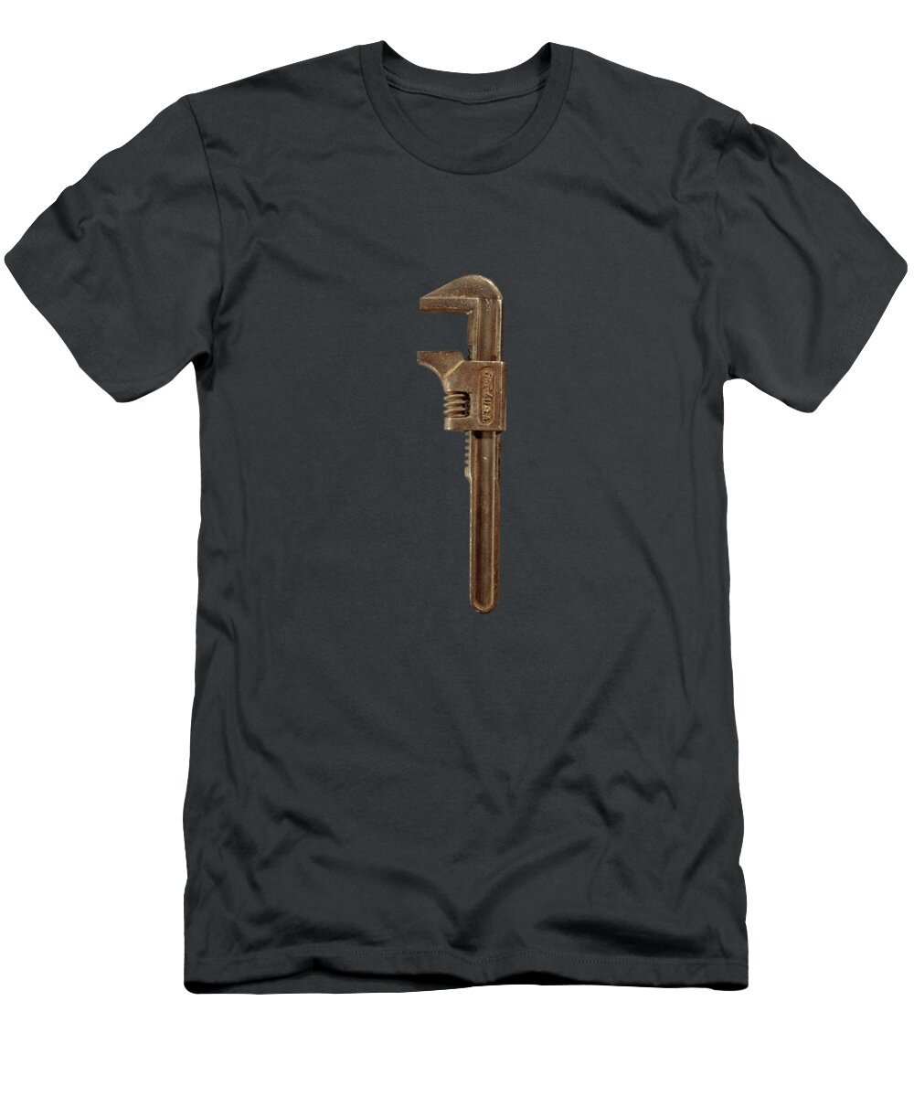 Background T-Shirt featuring the photograph Antique Adjustable Wrench Front on Black by YoPedro