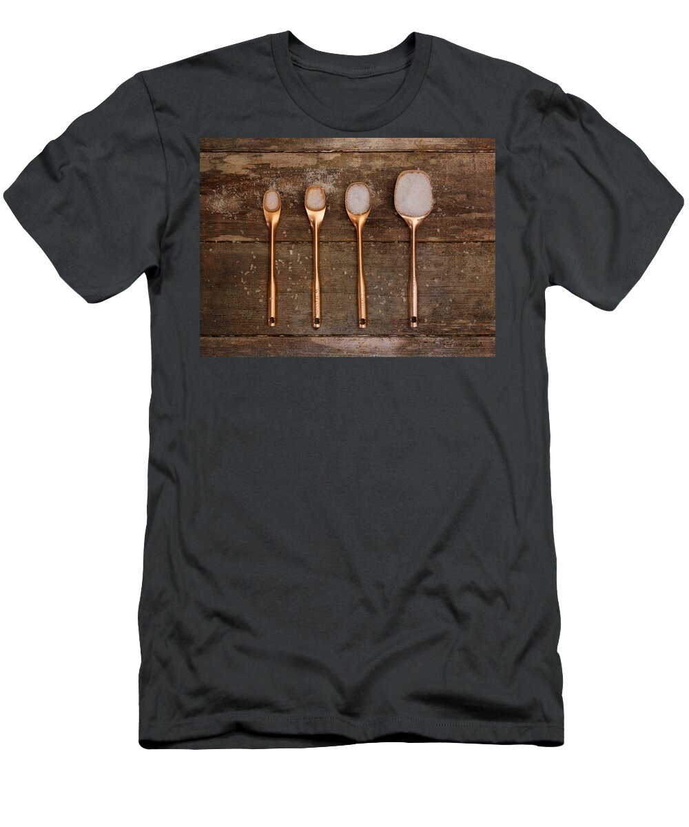 Closeup T-Shirt featuring the photograph Antique Copper Measuring Spoons by Kim Hojnacki