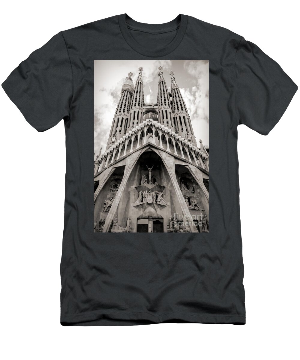La Sagrada Familia T-Shirt featuring the photograph Architecture Antoni Gaudi La Sagrada Familia Barcelona Spain Sepia by Chuck Kuhn