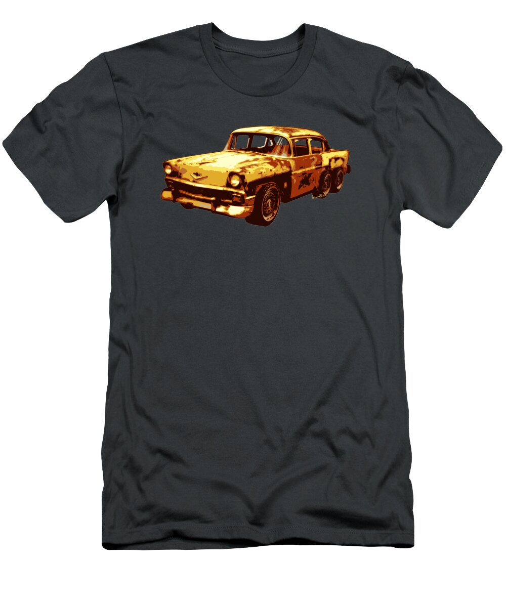 Roadrunner T-Shirt featuring the photograph Roadrunner The Snake and The 56 Chevy Rat Rod by Chas Sinklier