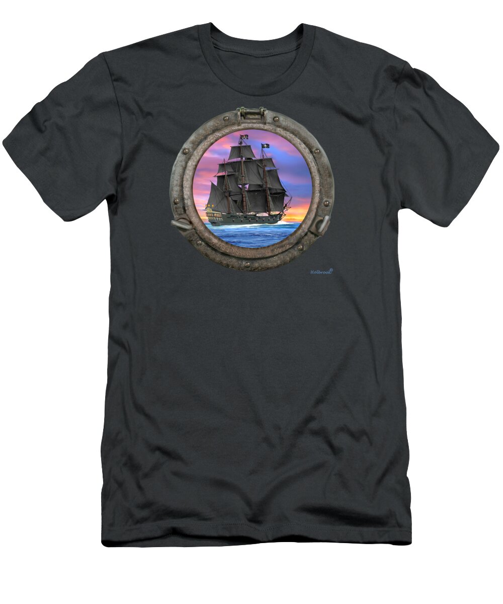 lack Sails T-Shirt featuring the digital art Black Sails of the 7 Seas by Glenn Holbrook