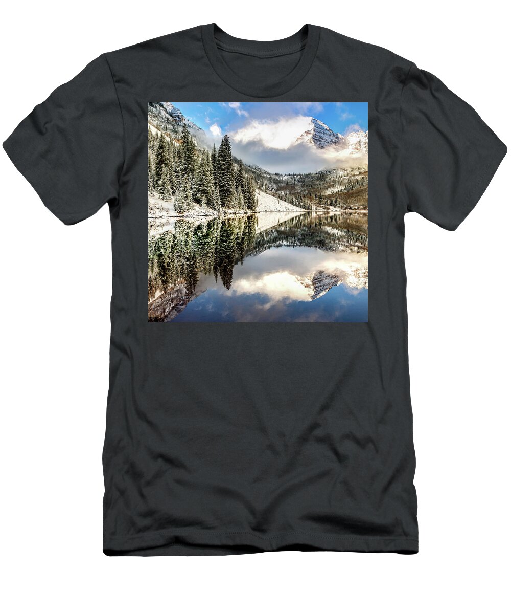 Aspen Colorado T-Shirt featuring the photograph Aspen Colorado Maroon Bell Landscape Reflections 1x1 by Gregory Ballos