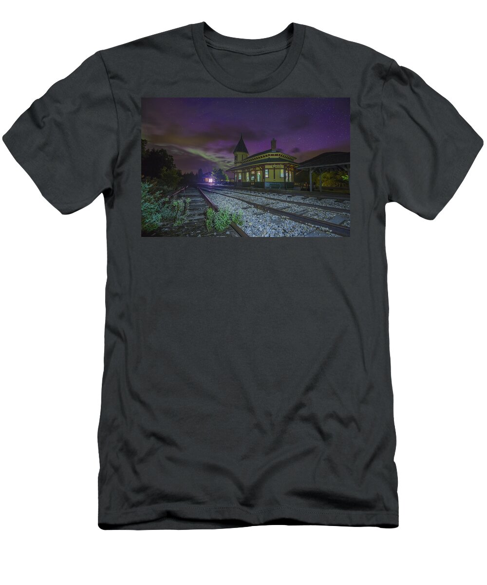 Aurora Over The Crawford Notch Depot T-Shirt featuring the photograph Aurora over the Crawford Notch Depot by White Mountain Images