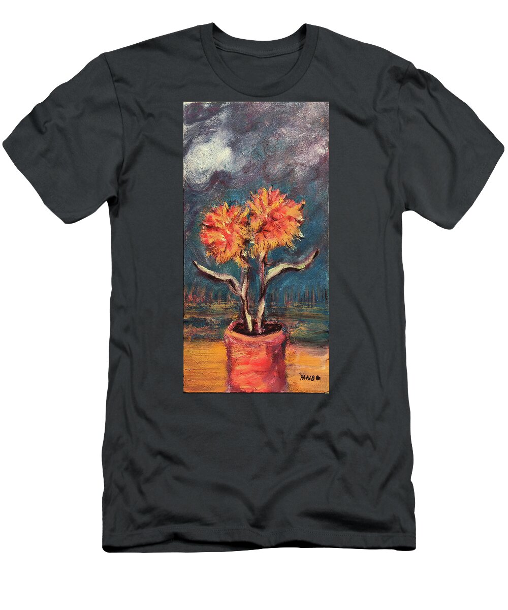 Autumn Feathered Petals Planted Vase Soft Clouds Two Flowers Original Art Oil Painting By Katt Yanda T-Shirt featuring the painting Autumn Feathered Petals by Katt Yanda