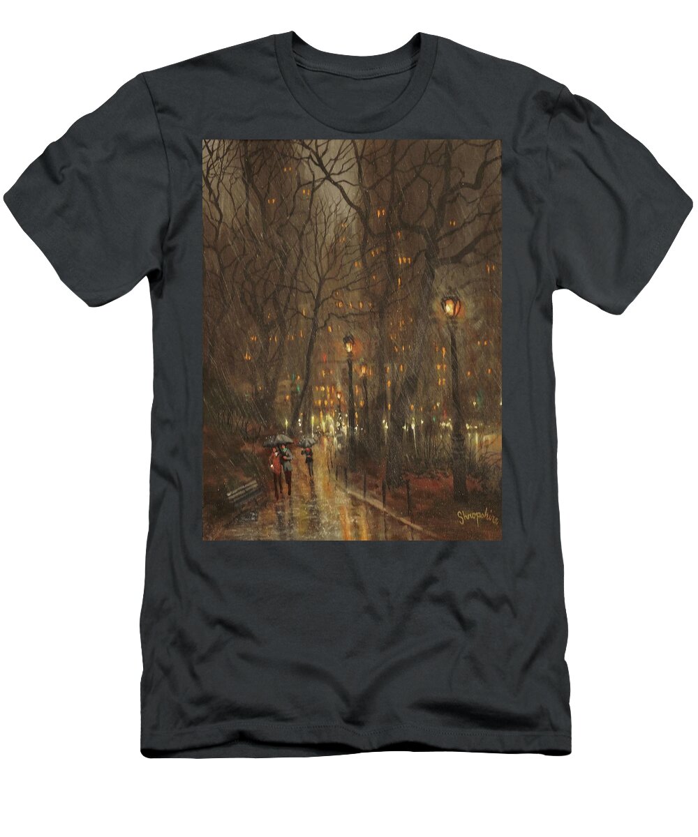 City Rain T-Shirt featuring the painting Autumn Rain by Tom Shropshire