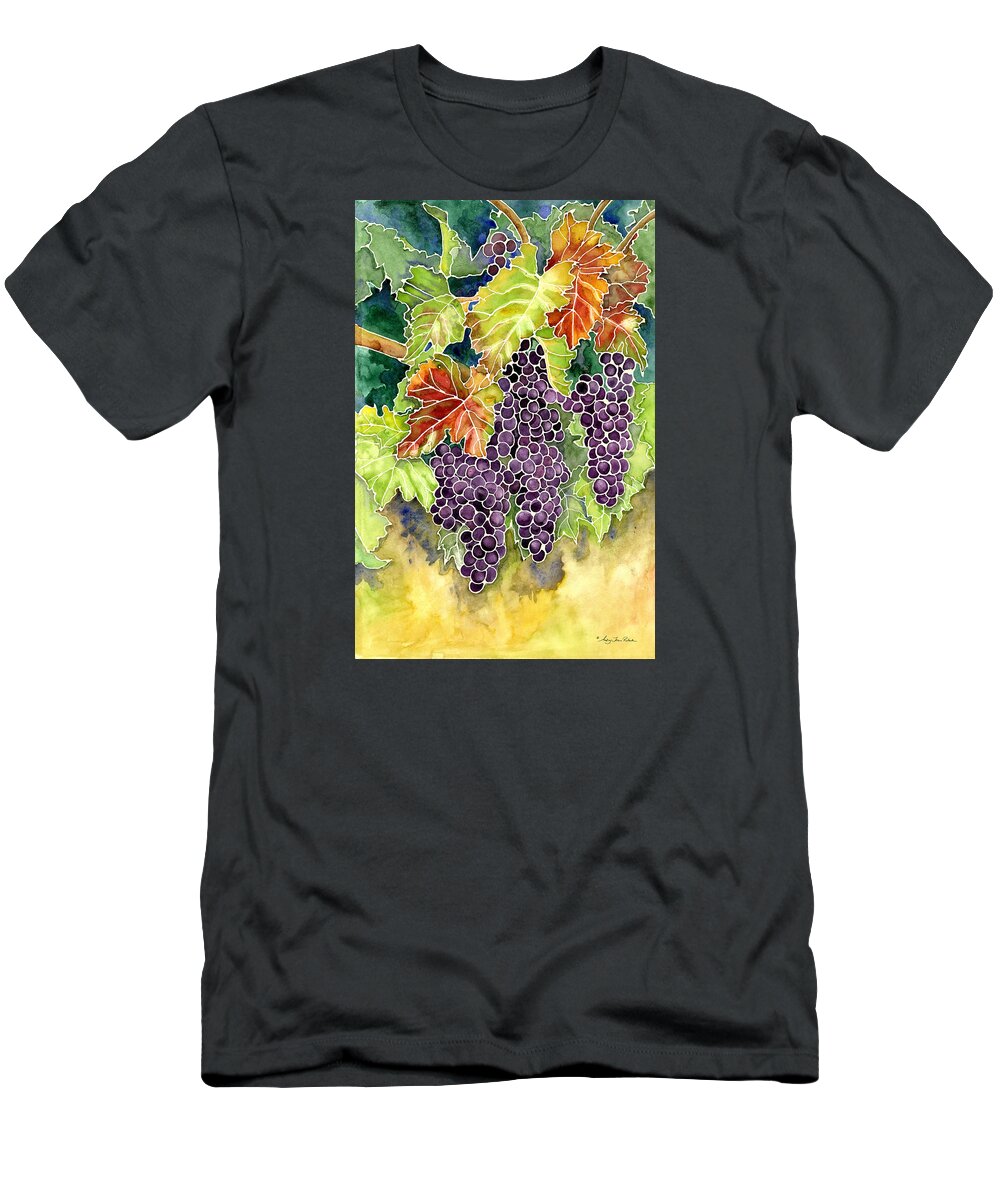 Cabernet Sauvignon Grapes T-Shirt featuring the painting Autumn Vineyard in its Glory - Batik Style by Audrey Jeanne Roberts