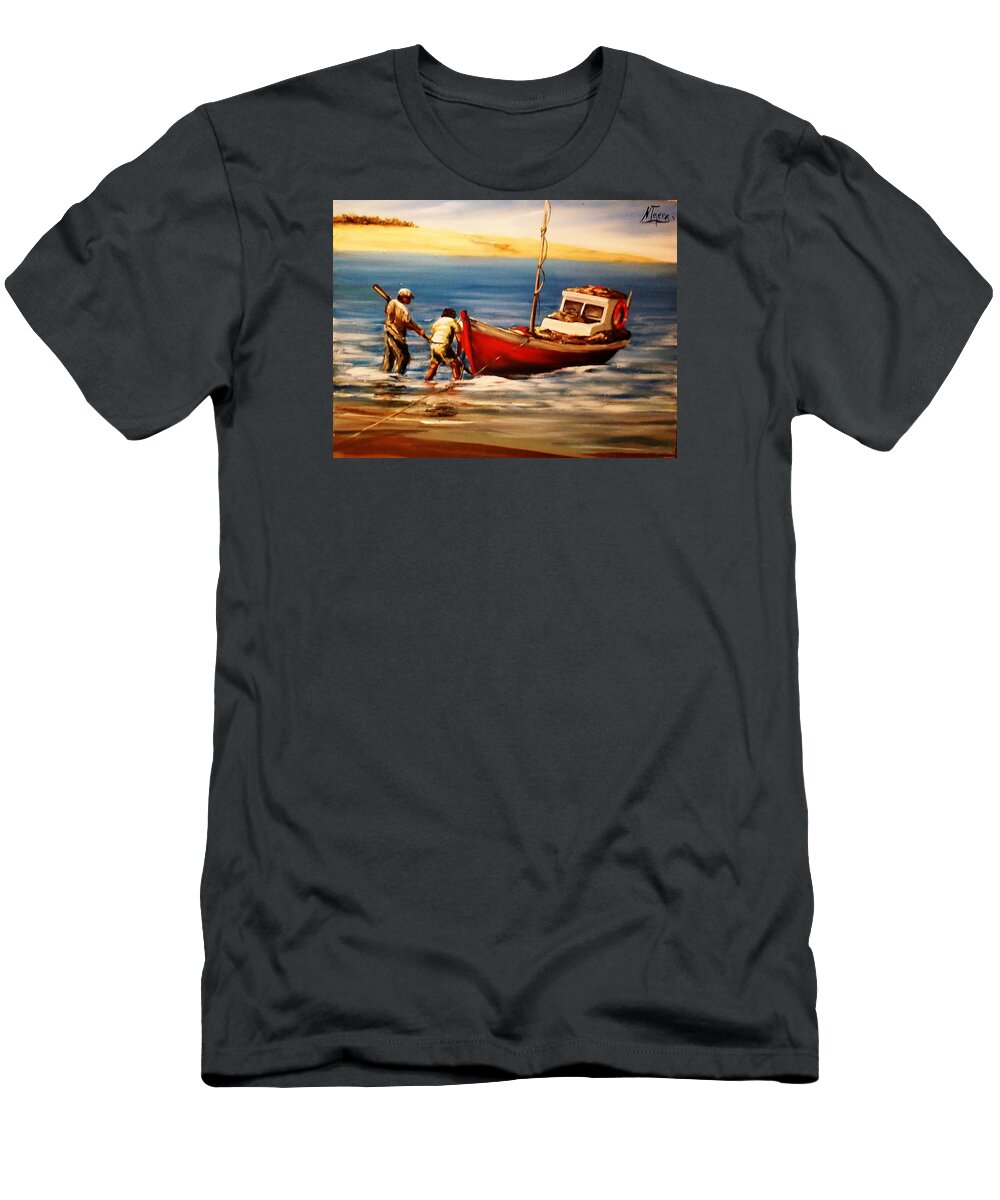 Boat T-Shirt featuring the painting Back From Sea by Natalia Tejera