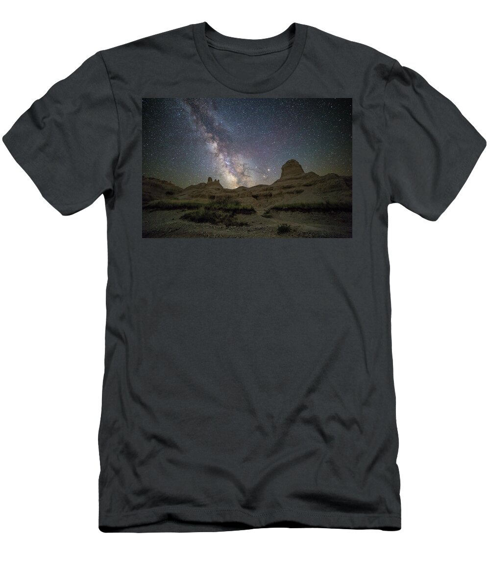 Astronomy Day T-Shirt featuring the photograph Badlands Milky Way Happy Astronomy Day by Aaron J Groen
