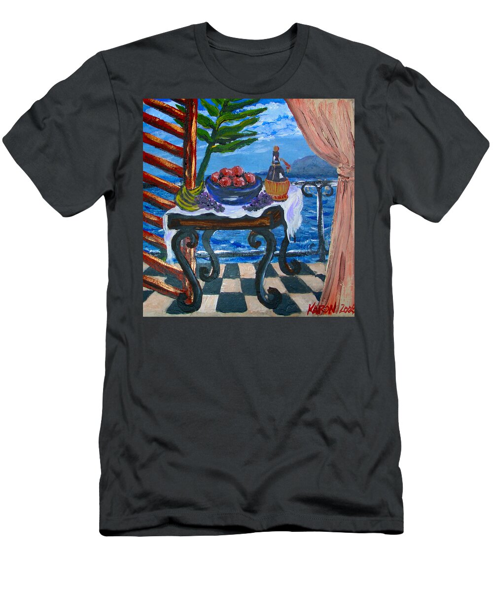 Tile T-Shirt featuring the painting Balcony by the Mediterranean Sea by Karon Melillo DeVega
