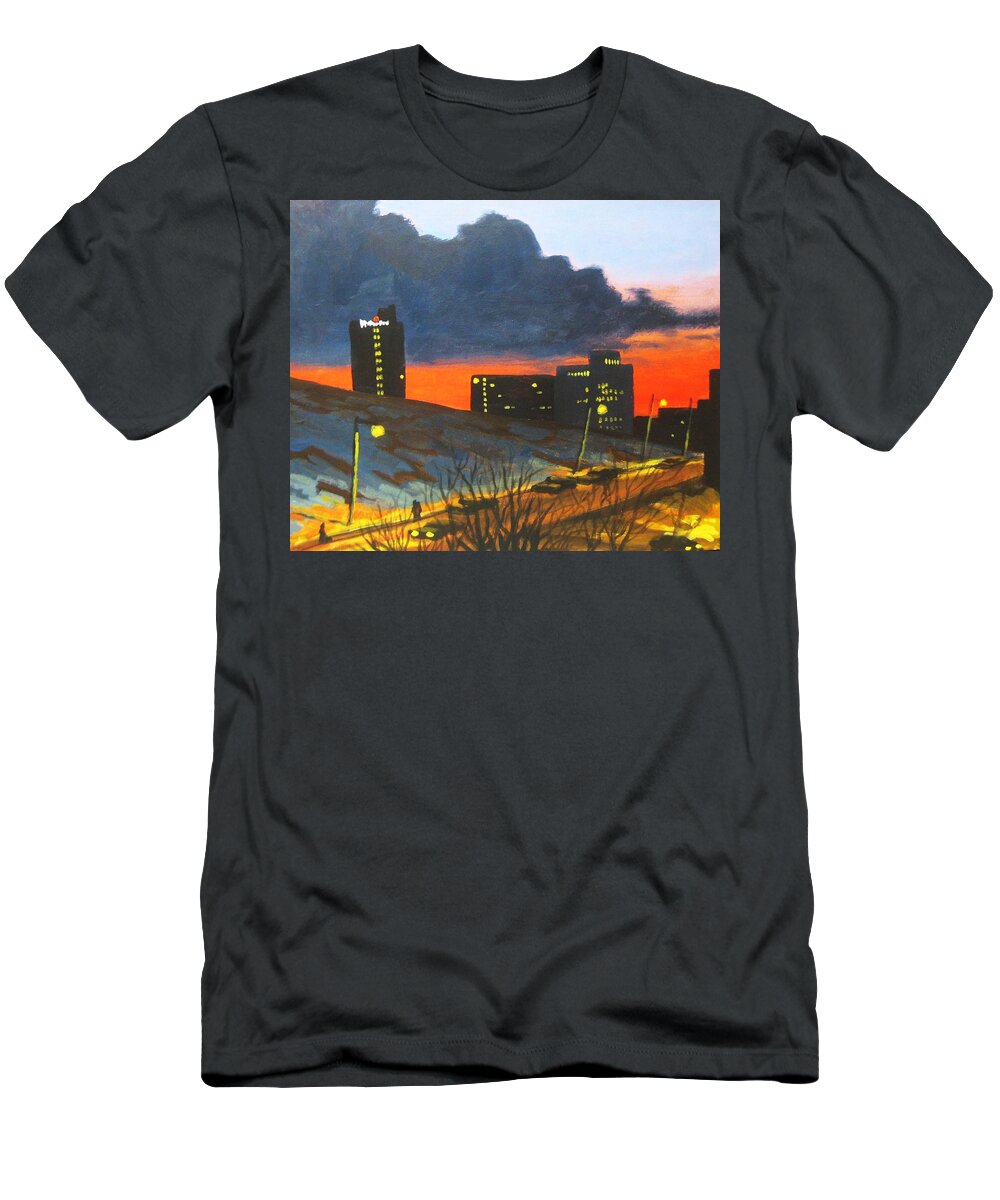 Sunset T-Shirt featuring the painting Balcony View 2 by John Malone