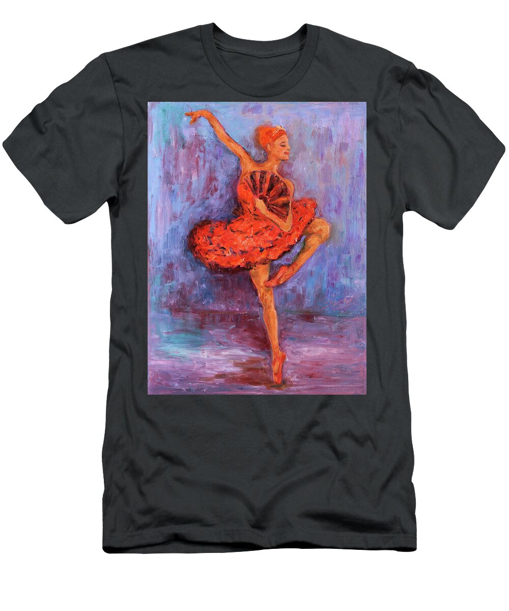 Figurative T-Shirt featuring the painting Ballerina Dancing with a Fan by Xueling Zou
