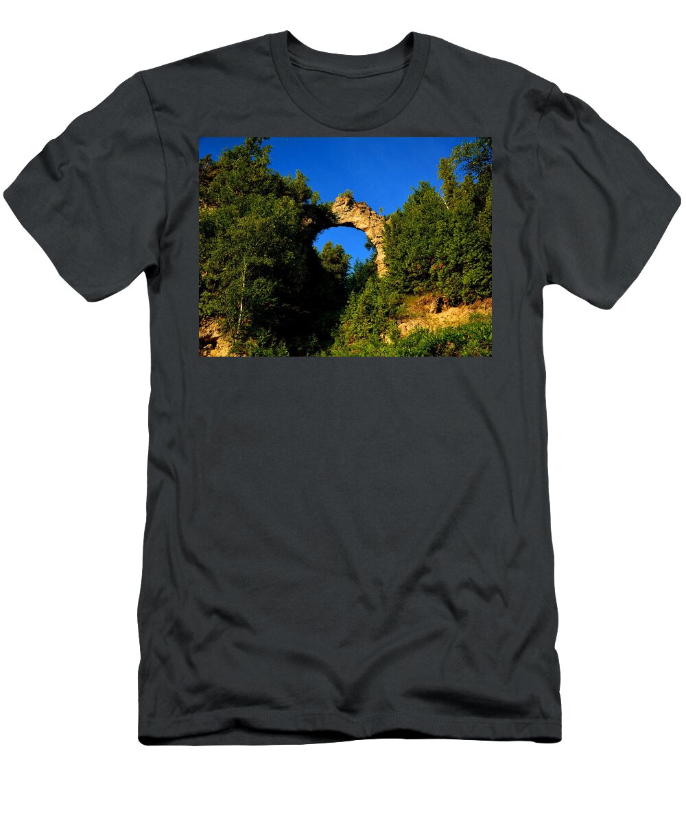 Mackinac Island T-Shirt featuring the photograph Beneath Arch Rock by Keith Stokes