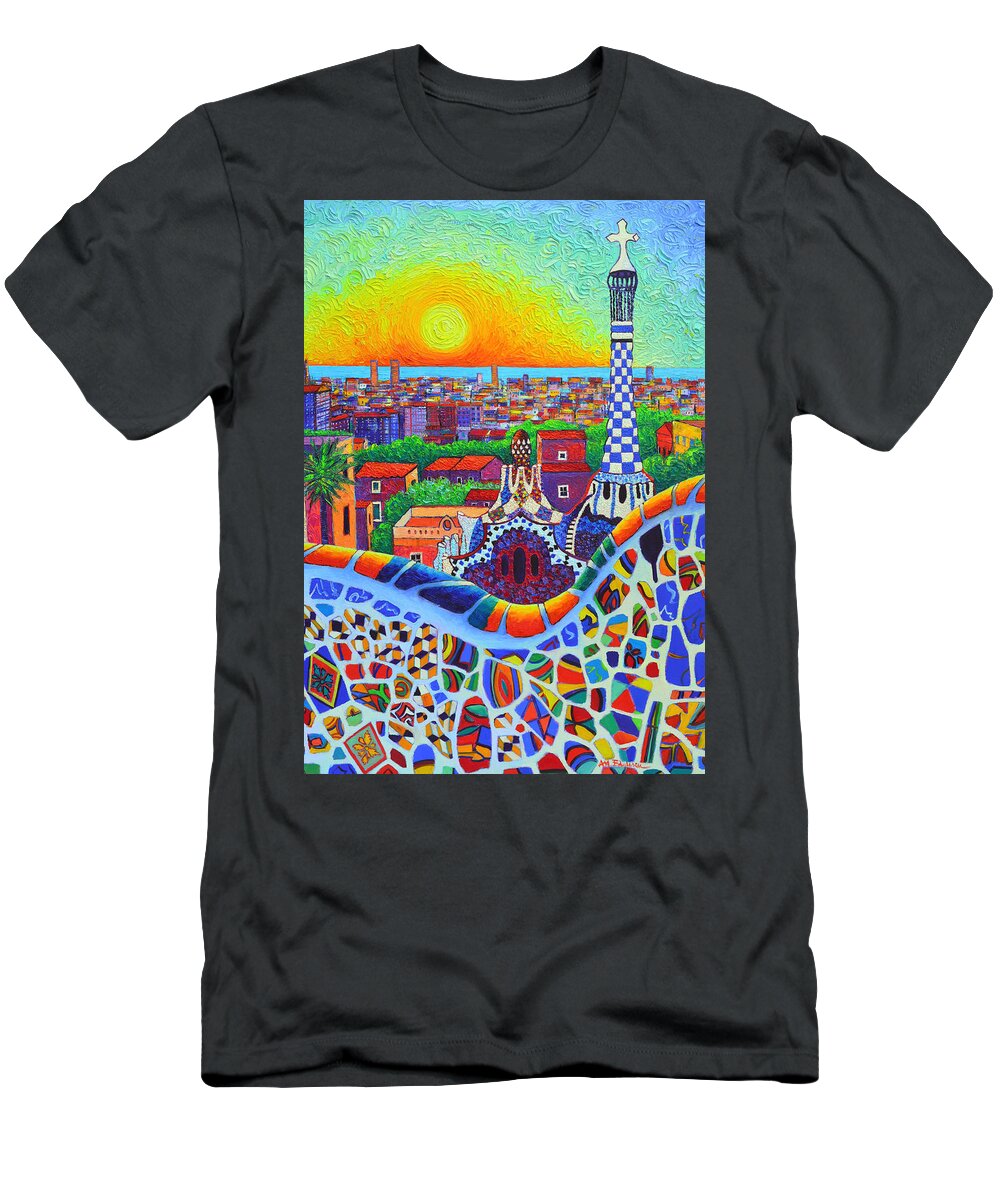 Barcelona T-Shirt featuring the painting Barcelona Park Guell Sunrise Gaudi Tower Textural Impasto Knife Oil Painting By Ana Maria Edulescu by Ana Maria Edulescu