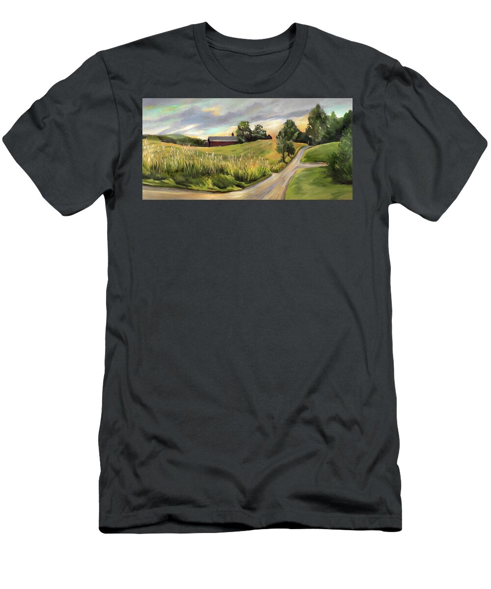 West Newbury Vermont T-Shirt featuring the painting Barn on the Ridge in West Newbury Vermont by Nancy Griswold