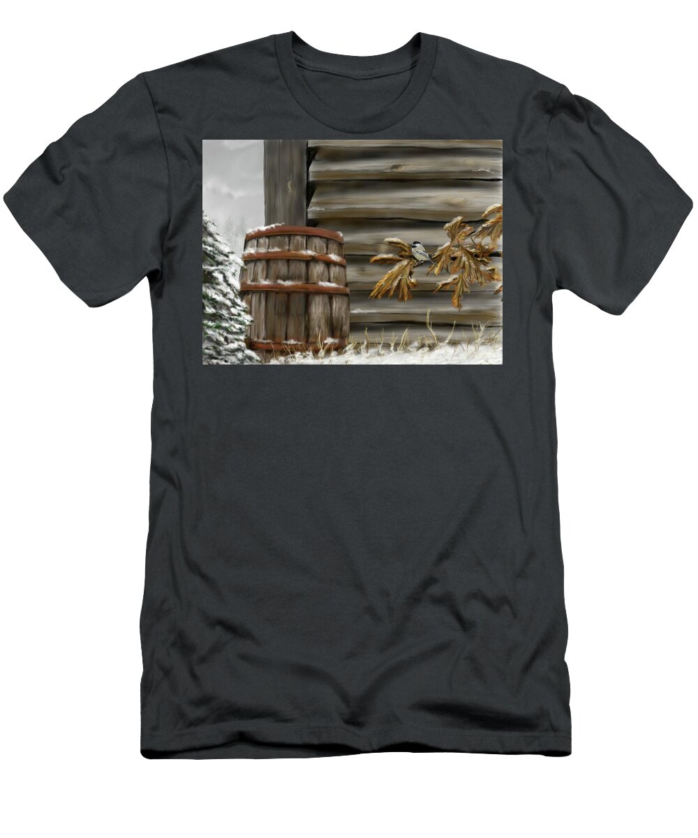 Chickadee T-Shirt featuring the digital art Barnyard Barrel and Chickadee by Darren Cannell