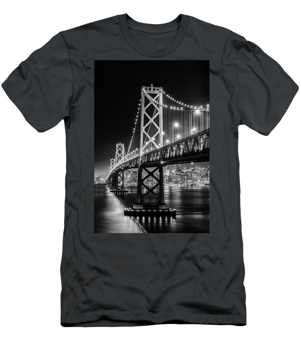 Bay Area T-Shirt featuring the photograph Bay Bridge and San Francisco By Night 9 Monochrome by Jason Chu