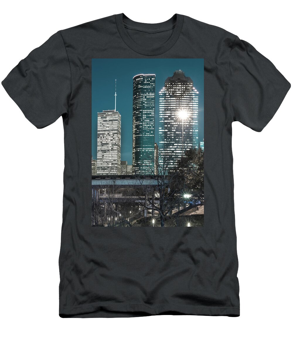Downtown Houston Texas T-Shirt featuring the photograph Bayou City in Midnight Blue - Houston Vertical Skyline by Gregory Ballos