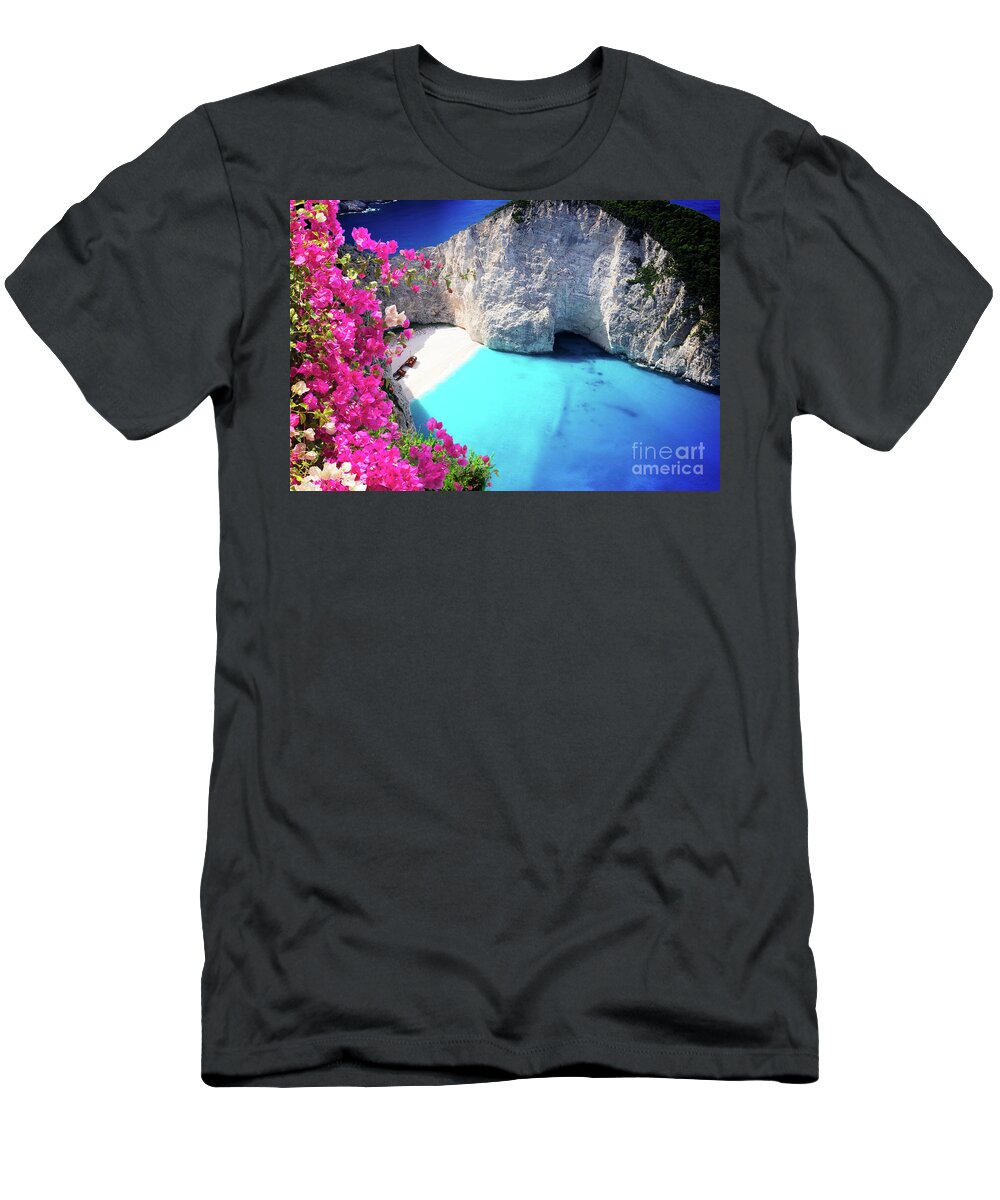 Navagio T-Shirt featuring the photograph Flying over of Zakinthos island by Anastasy Yarmolovich