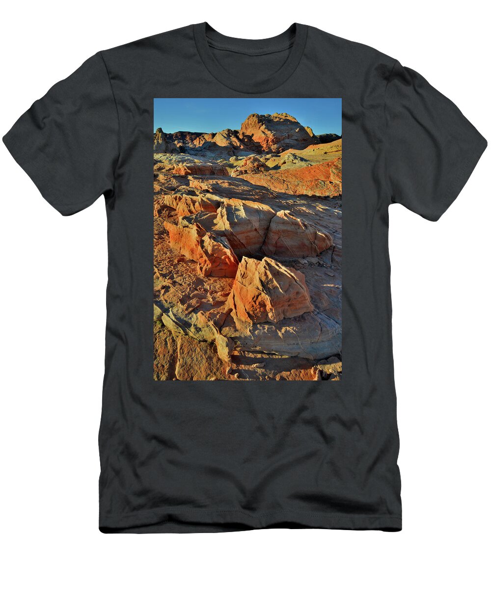 Valley Of Fire State Park T-Shirt featuring the photograph Beautiful Sandstone Shapes at Sunrise in Valley of Fire by Ray Mathis